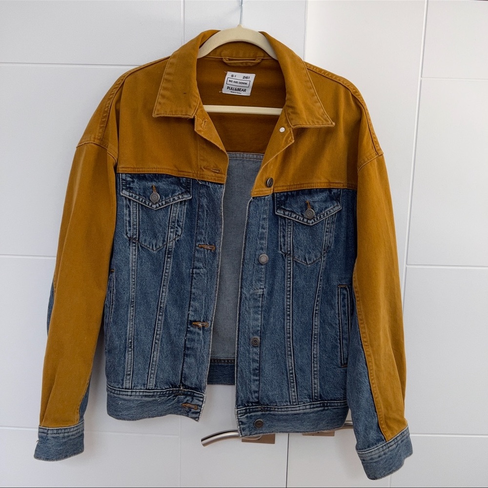 Denim jacket oversized two toned (dark wash denim and brown)